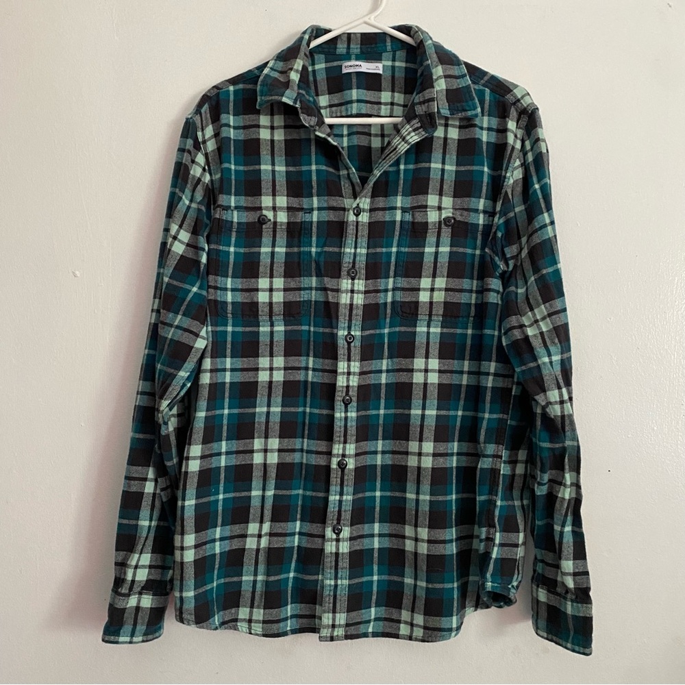 Sonoma Casual‎ Green Plaid Button Up Shirt Mens Size XL Flannel Long-sleeve